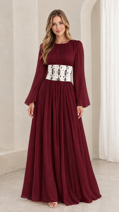 Burgundy wine red chiffon maxi dress featuring long flare sleeves and embroidered waist