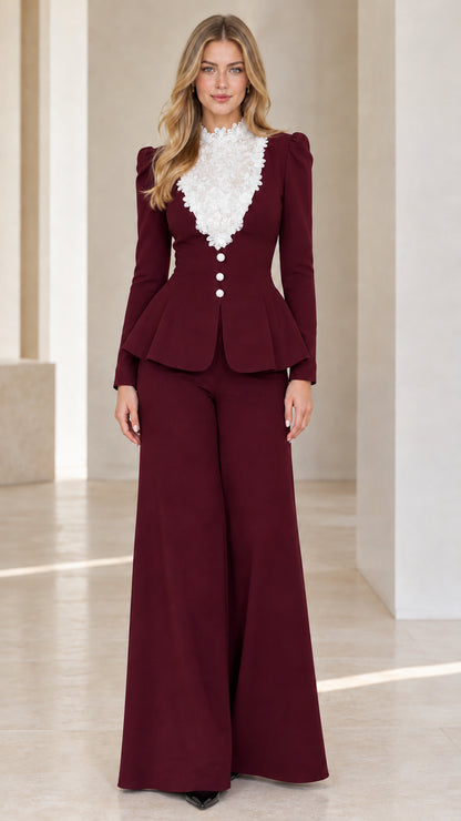 Burgundy wine red two-piece peplum blazer and wide-leg pant suit set