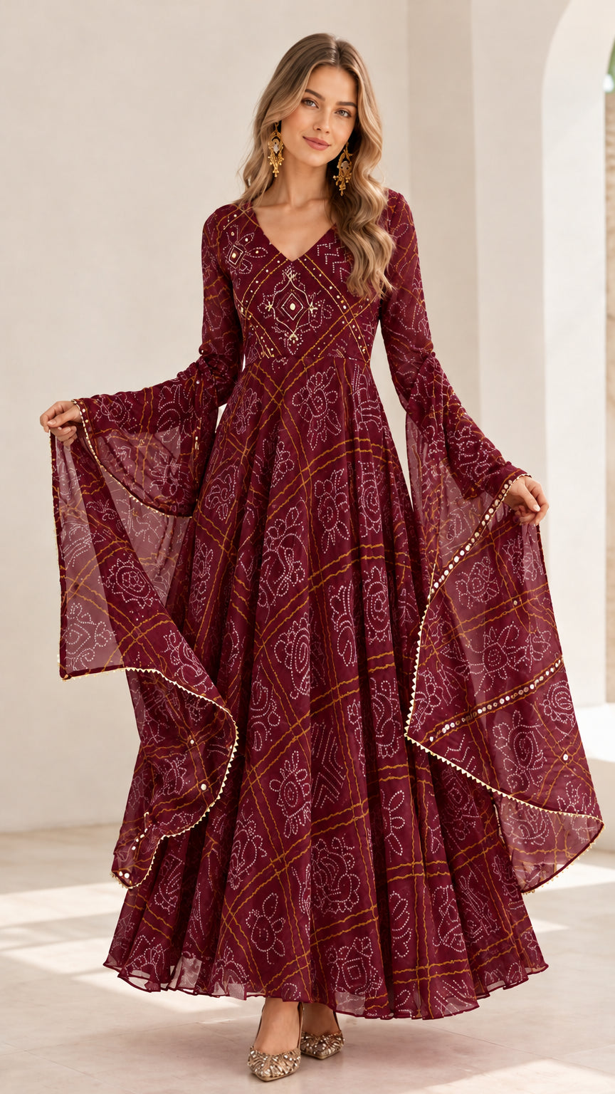 Model wearing burgundy printed bell sleeve evening maxi dress