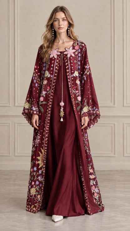 Burgundy wine red floral embroidered robe over matching satin maxi slip dress