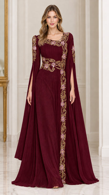 Front view of burgundy wine embroidered formal evening gown with cape sleeves