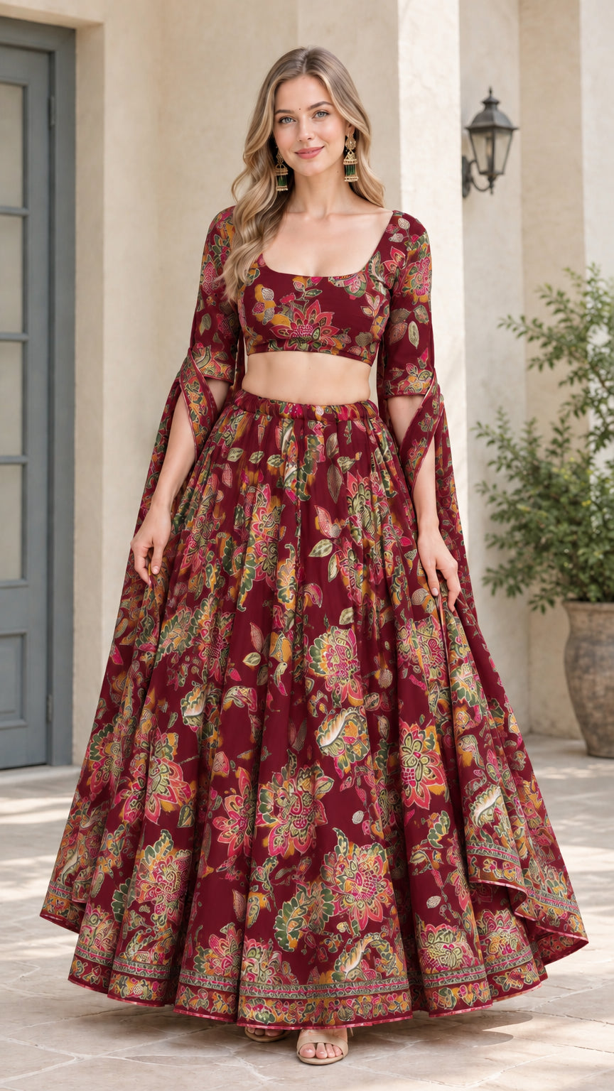 Front view of model wearing Maroon floral crop top and flared maxi skirt set