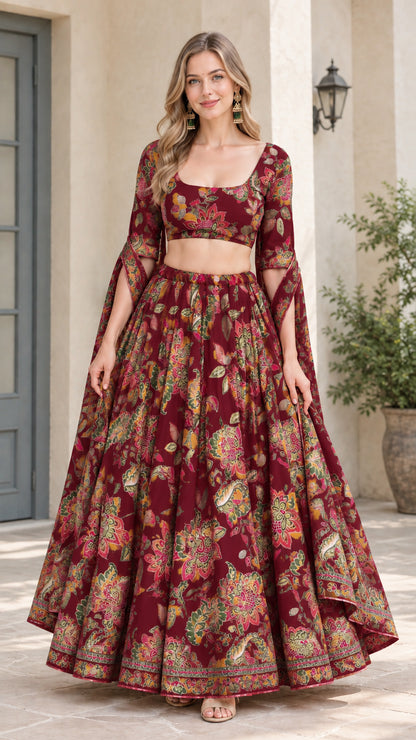 Front view of model wearing Maroon floral crop top and flared maxi skirt set
