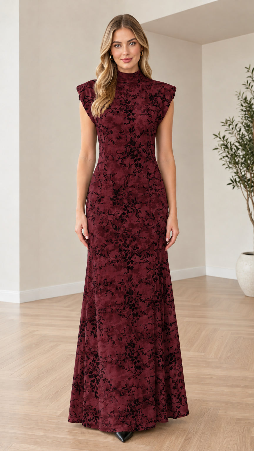 Front view of woman wearing burgundy floral mock neck maxi dress