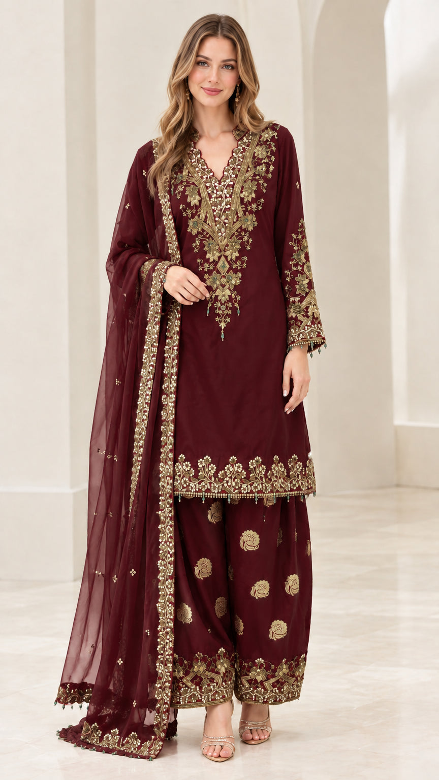 Front view of women's maroon red embroidered kurta palazzo suit set with dupatta