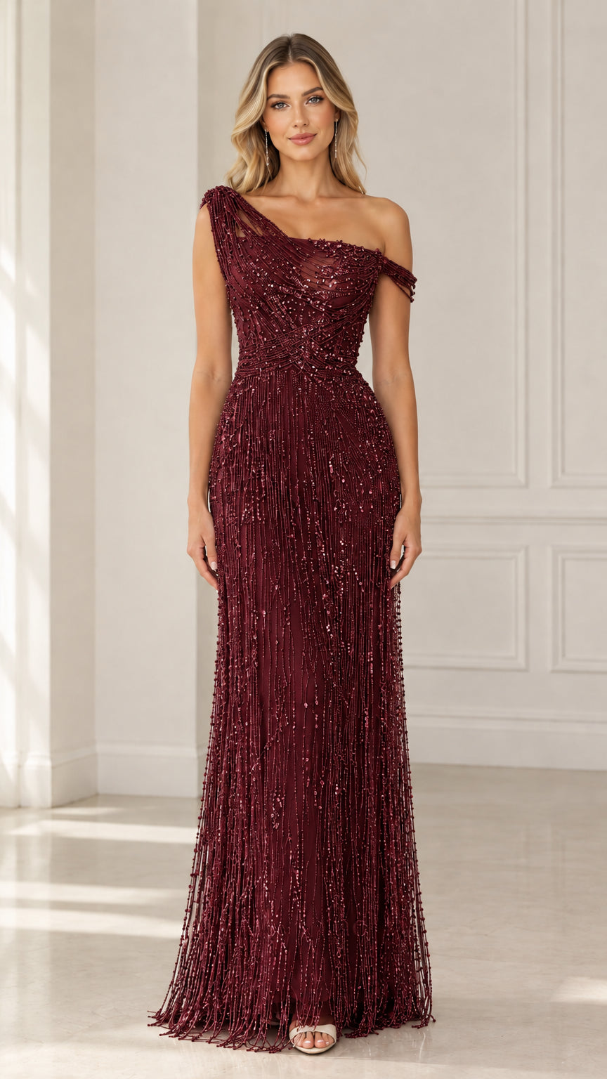 Model wearing Burgundy wine-colored one-shoulder beaded maxi dress