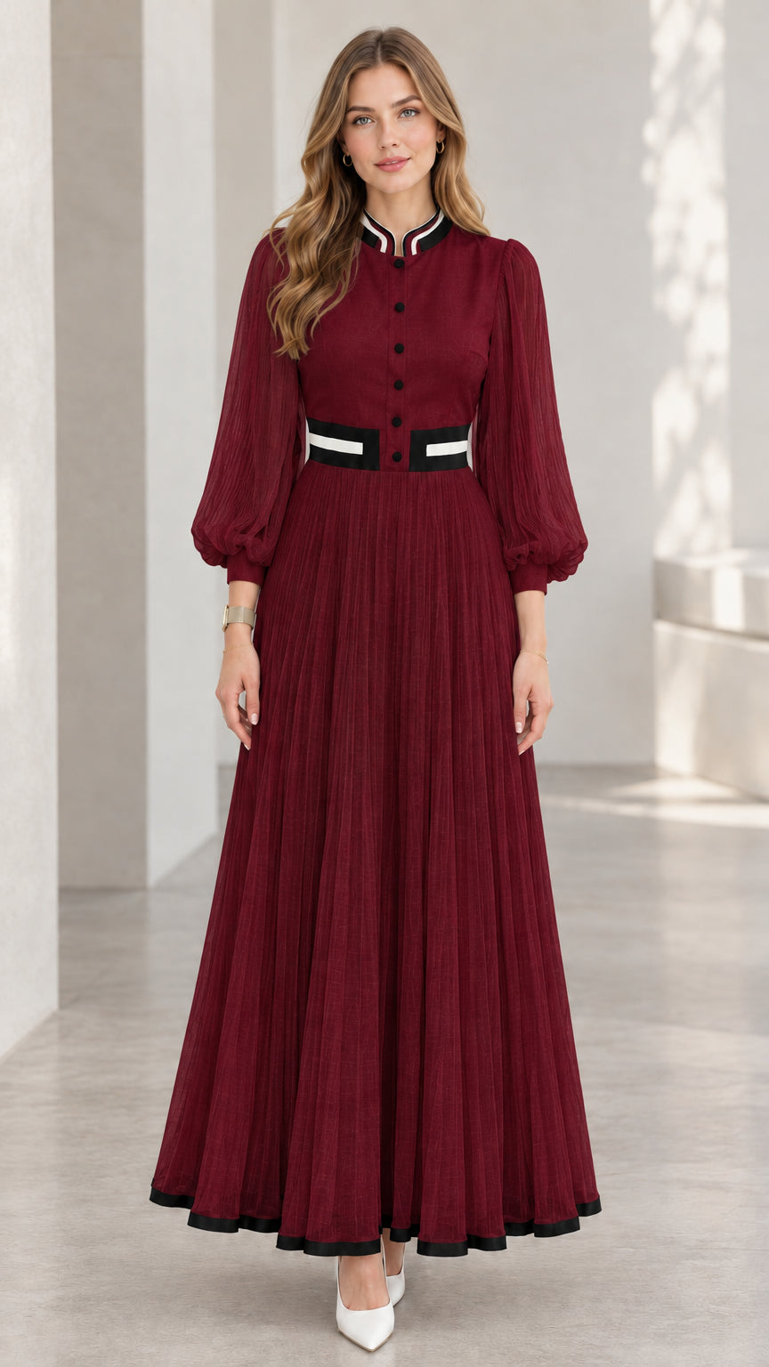 Burgundy wine red pleated long sleeve maxi dress with contrast trim