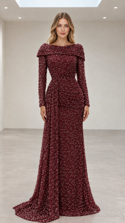 Burgundy wine red beaded long-sleeve formal gala gown
