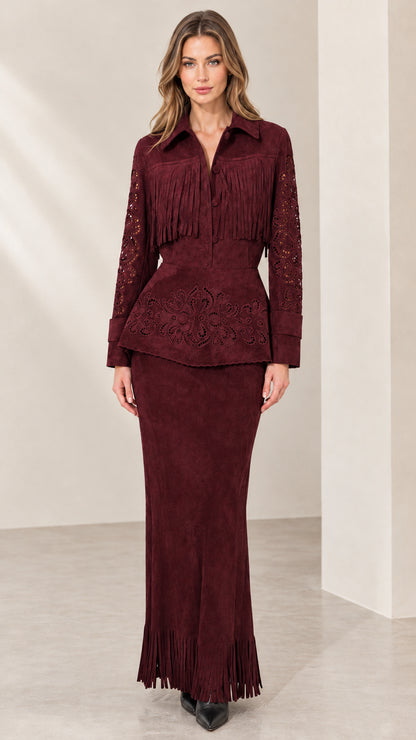 Full front view of burgundy wine fringe faux suede peplum jacket and maxi skirt set