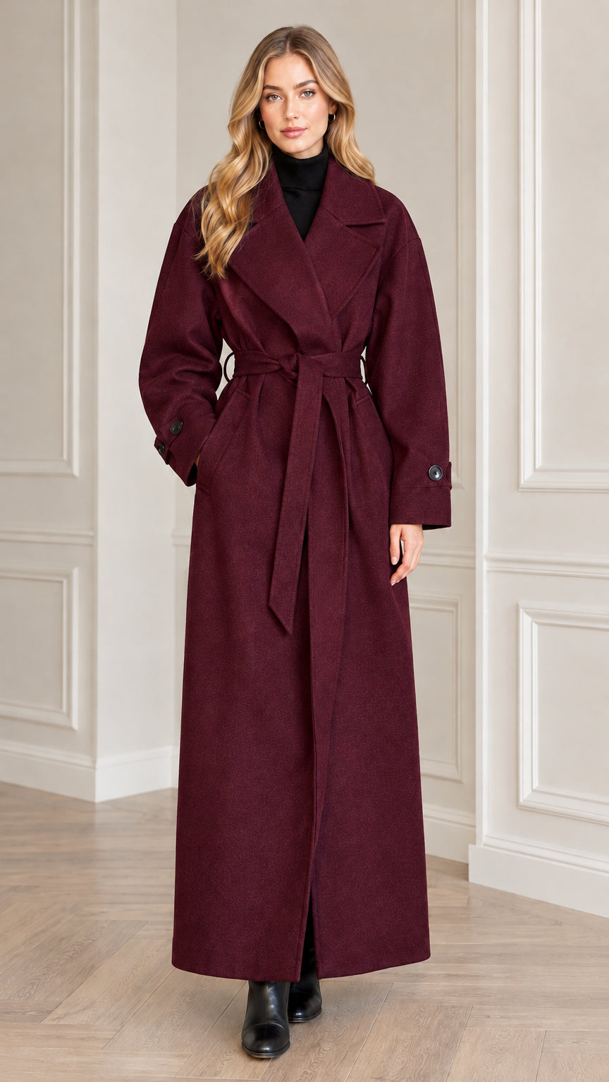 Model wearing burgundy long tailored wrap overcoat with waist belt