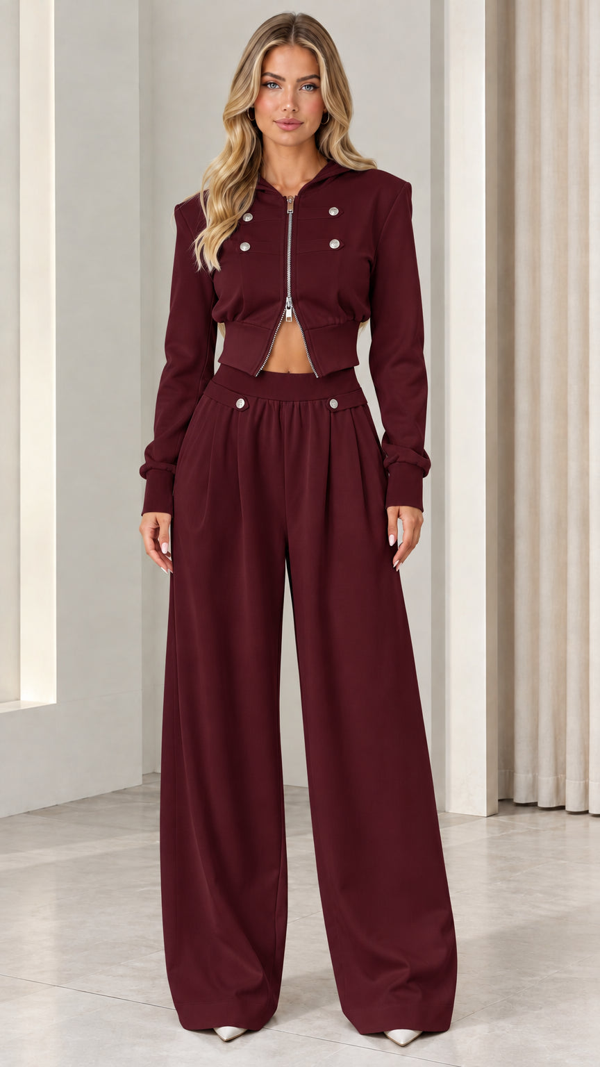 Women's burgundy wine red cropped hoodie and wide-leg pants two-piece set
