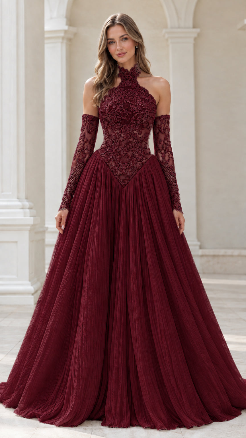 Burgundy wine red halter lace ballgown with pleated skirt and lace sleeves