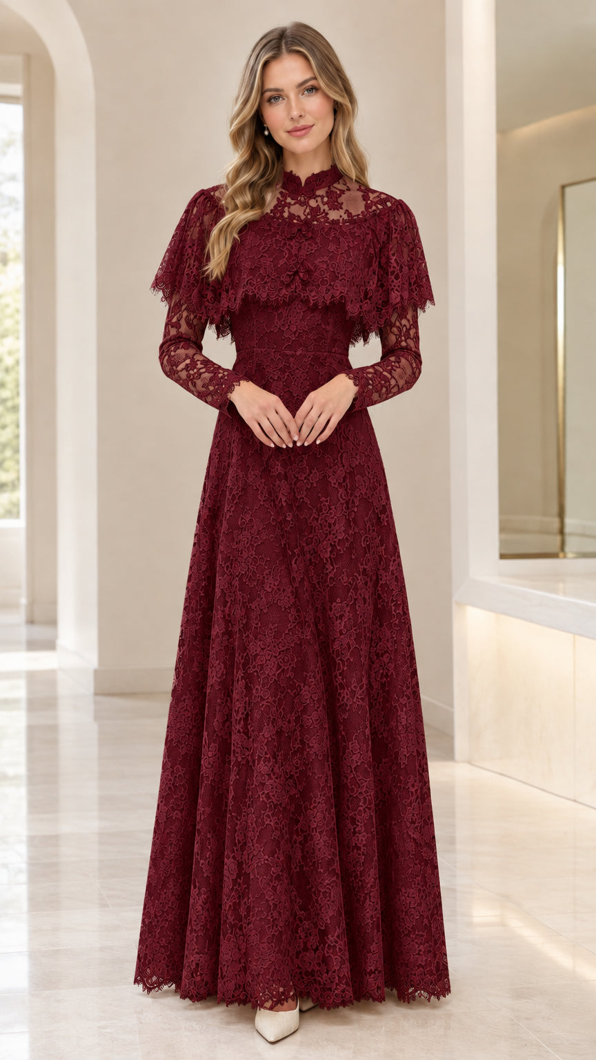 Front view of woman wearing burgundy wine lace capelet evening dress
