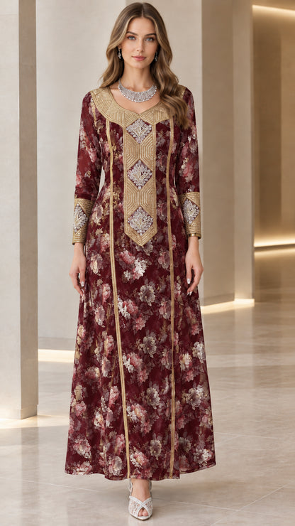Front view of burgundy red floral long sleeve maxi dress with gold embroidery