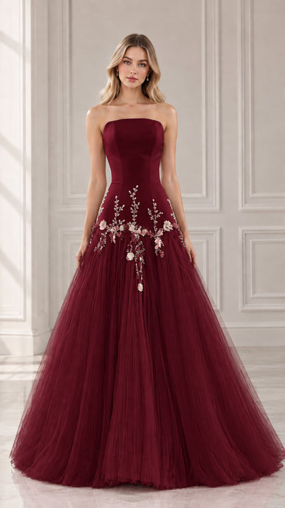 Front view of burgundy red strapless floral applique tulle evening gown