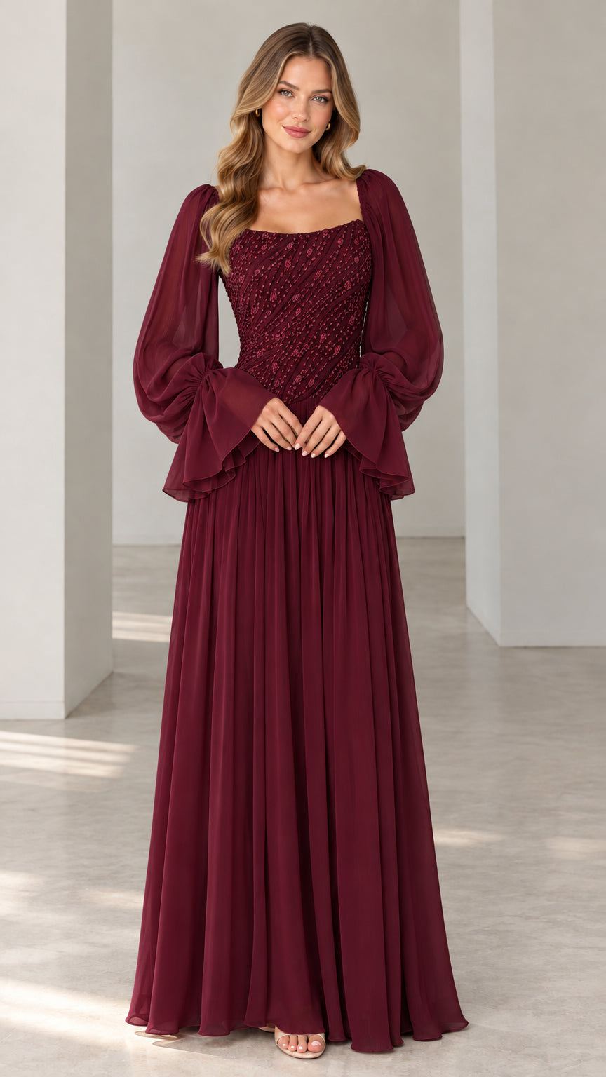 Burgundy wine sequin bodice long sleeve evening gown