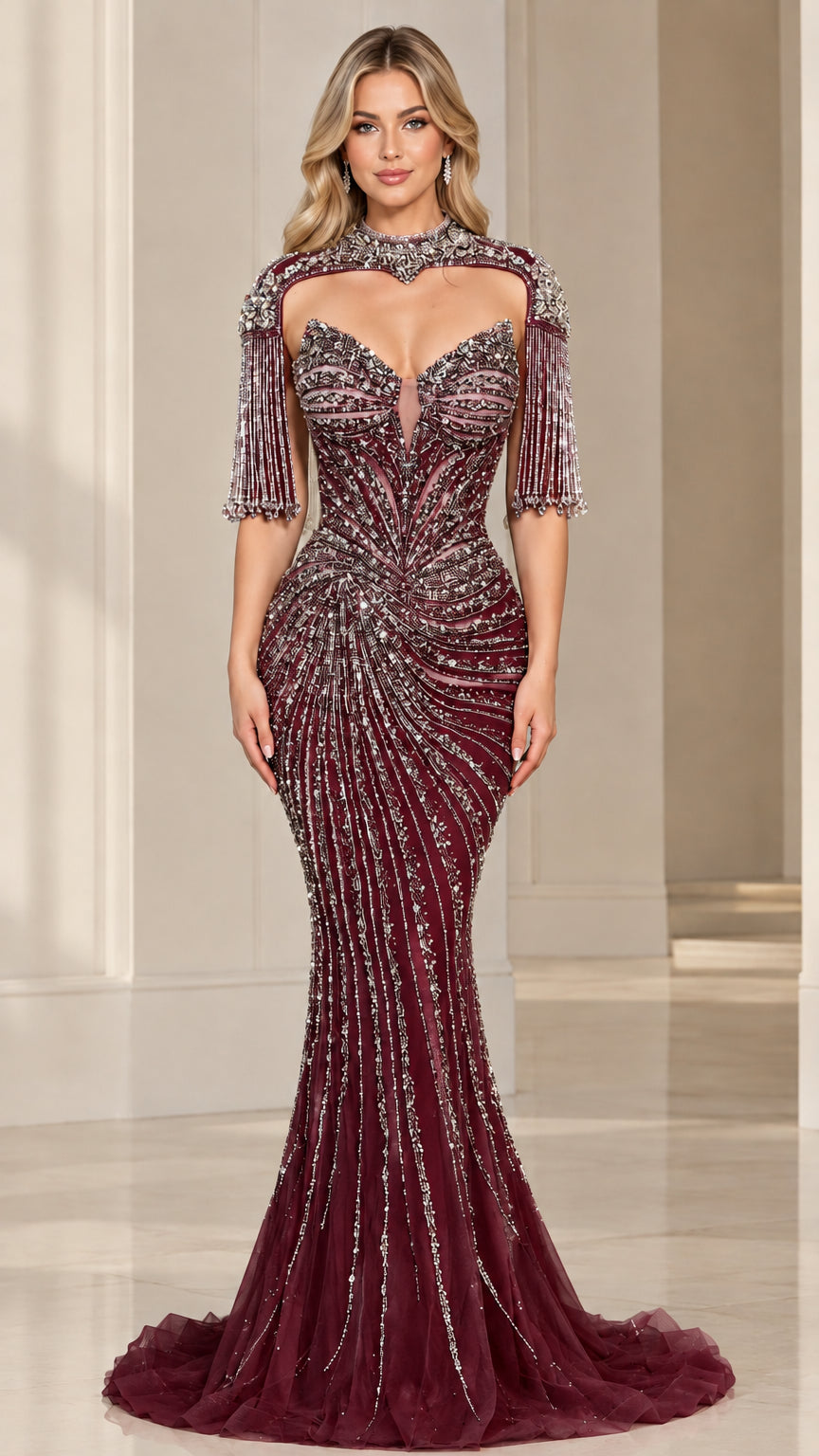 Front view of burgundy wine beaded mermaid gown with fringe sleeves