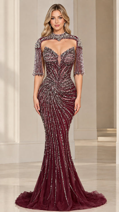 Front view of burgundy wine beaded mermaid gown with fringe sleeves