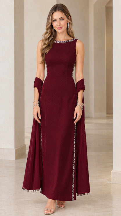 Burgundy wine sleeveless evening dress with crystal details and matching shawl