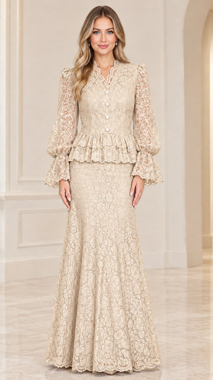 Front view of champagne beige long-sleeve floral lace maxi gown