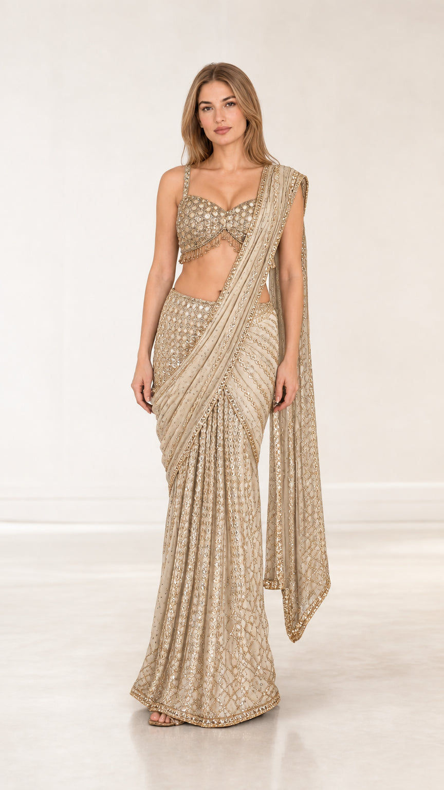 Champagne gold embellished ready-to-wear saree set with sweetheart blouse