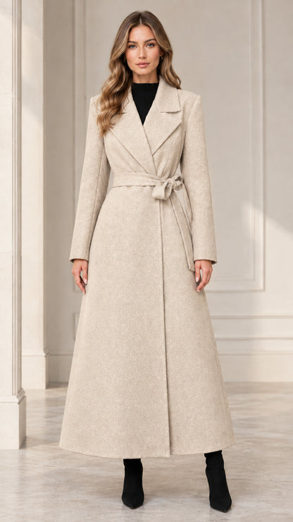 Front view of woman wearing the light beige belted maxi wrap coat
