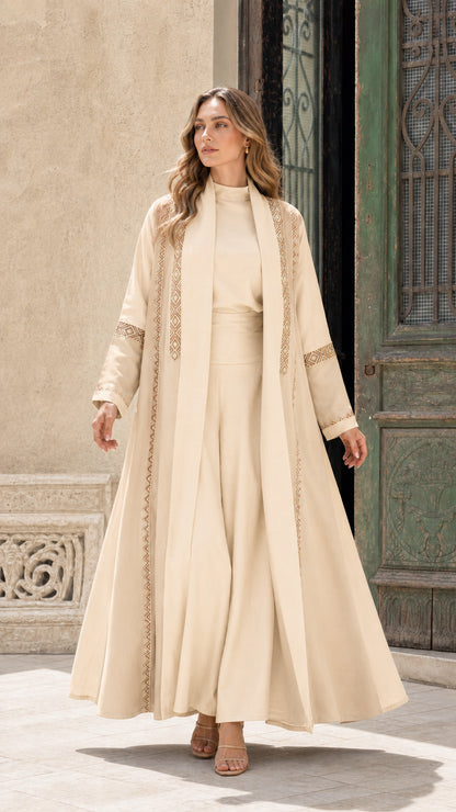Full view of beige 3-piece embroidered abaya set