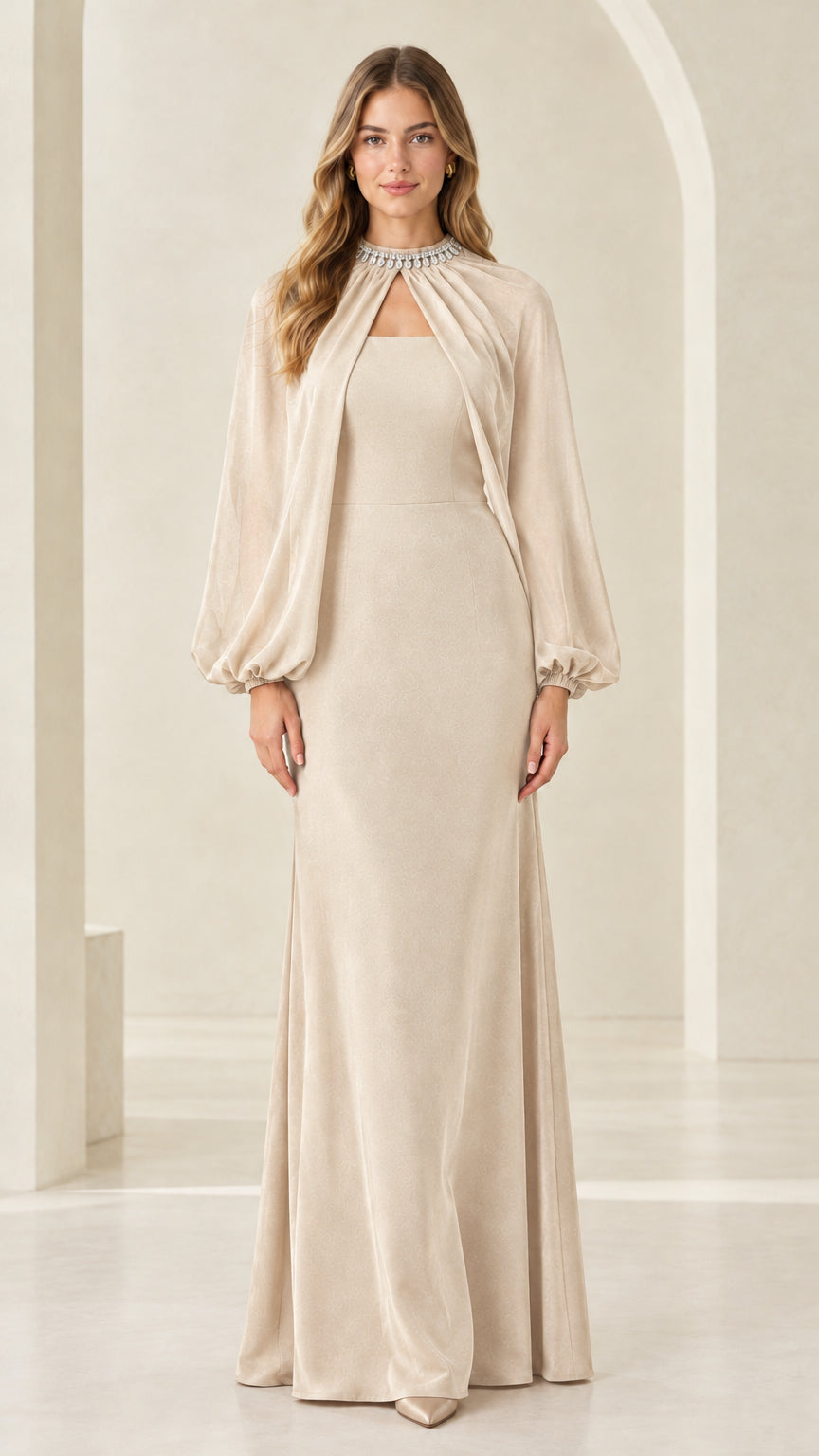 Front view of woman wearing champagne beige rhinestone neckline cape evening dress