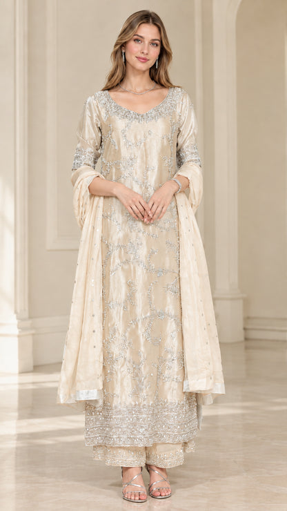 Champagne cream embroidered 3-piece festive kurta palazzo suit