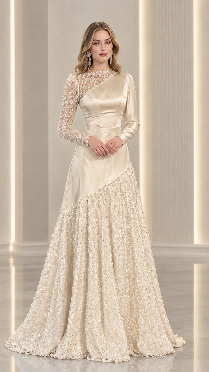 Champagne gold satin and lace long sleeve evening gown