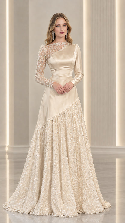Champagne gold satin and lace long sleeve evening gown
