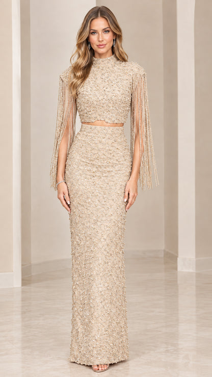 Front view of champagne gold beaded two-piece column evening gown set