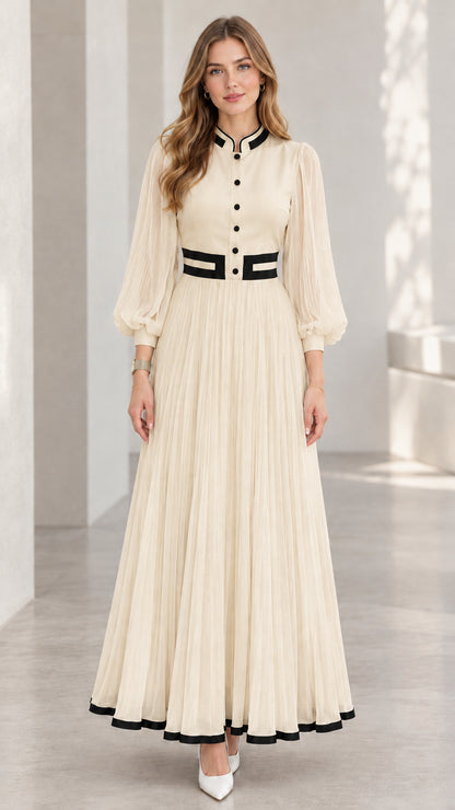 Champagne beige pleated lantern sleeve maxi dress with black contrast details