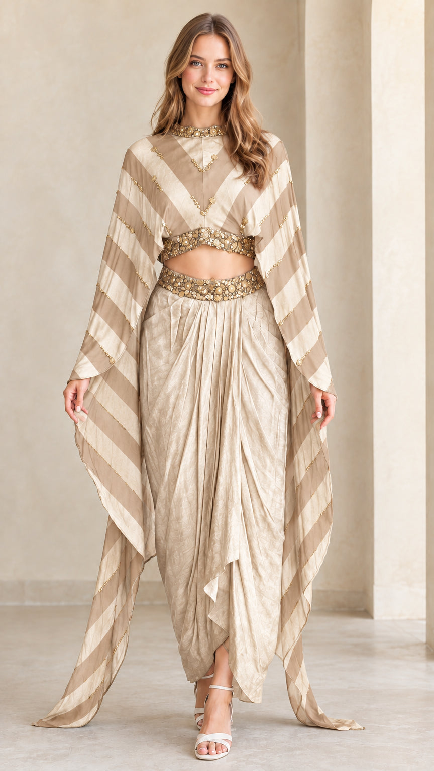 Model wearing Champagne striped cape top and draped dhoti pant set
