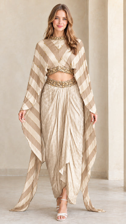 Model wearing Champagne striped cape top and draped dhoti pant set