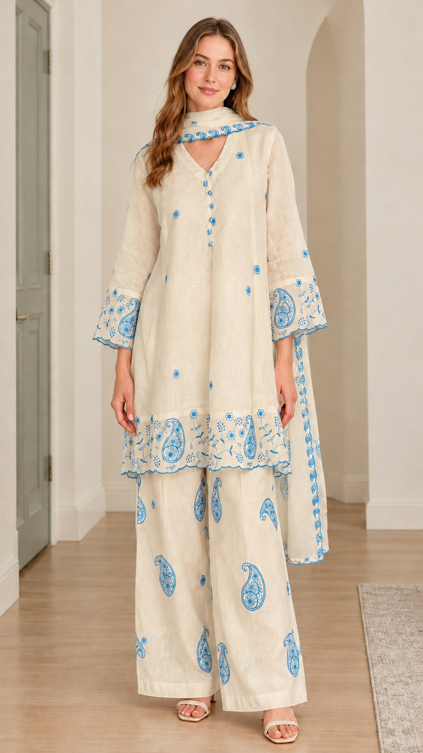 Model wearing cream 3-piece embroidered tunic set with blue floral embroidery