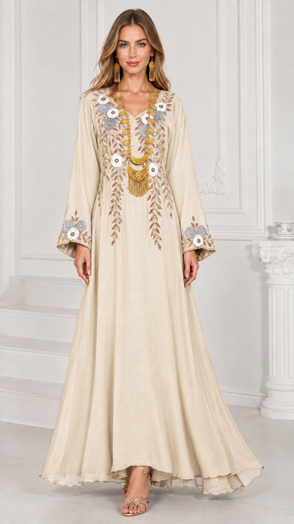Full-length champagne cream embroidered kaftan maxi dress with bell sleeves