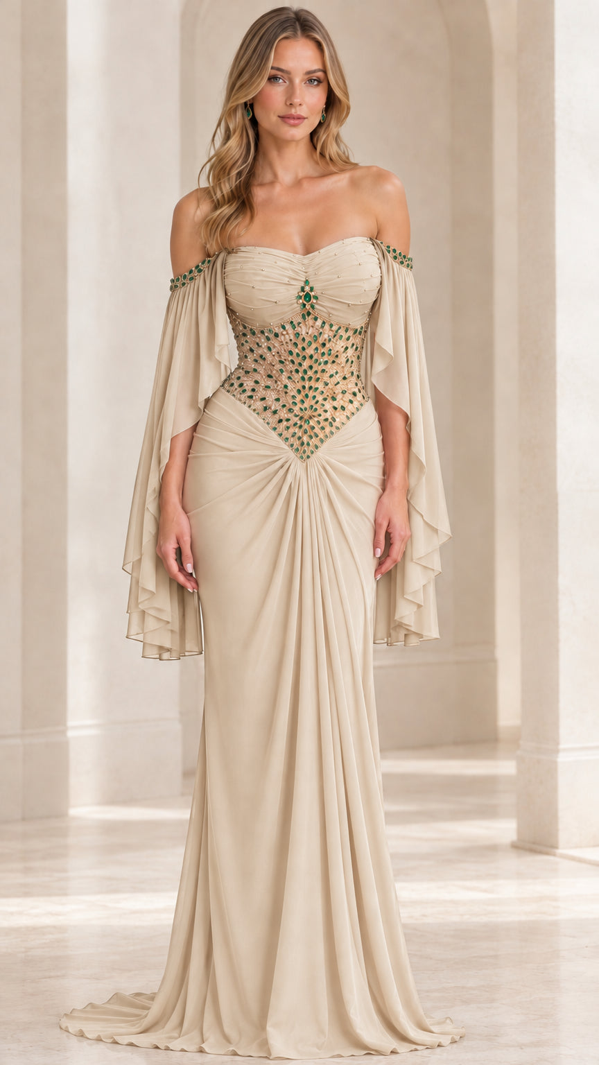 Champagne beige off-the-shoulder maxi evening dress with beaded corset and draped sleeves