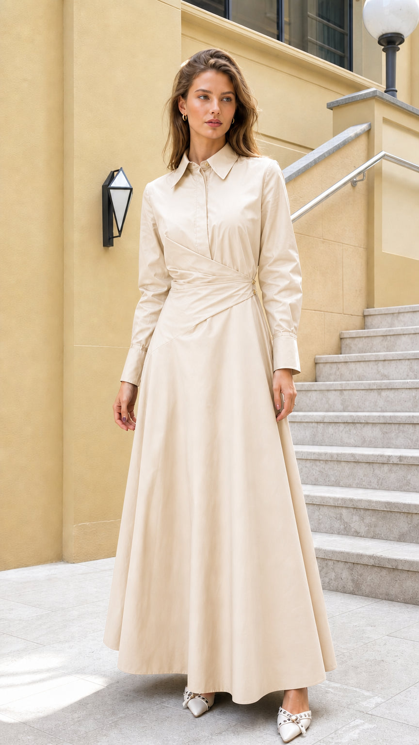 Full view of woman wearing beige long-sleeve wrap maxi dress