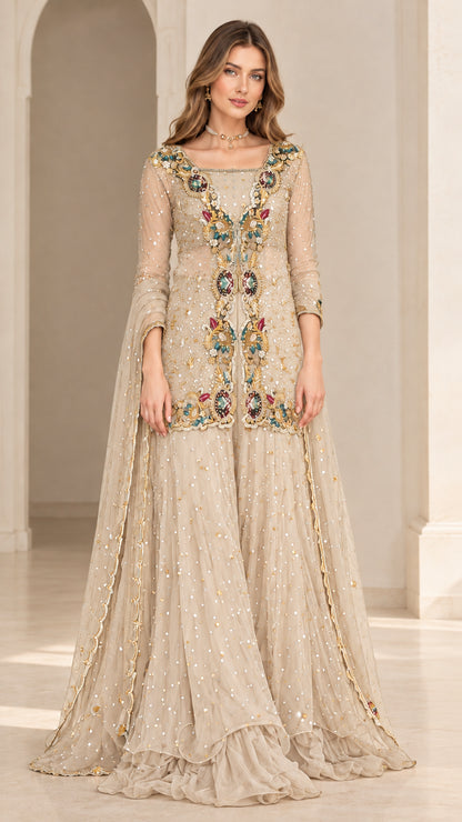 Champagne beige embellished tunic and tiered sharara suit set