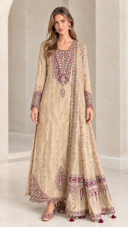 Champagne beige embroidered Anarkali gown accented with berry embroidery