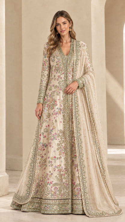 Front view of champagne cream floral embroidered gown set with dupatta