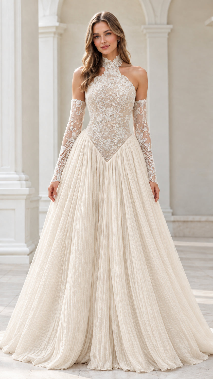 Champagne cream lace halter evening gown with pleated skirt