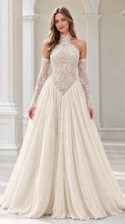 Champagne cream lace halter evening gown with pleated skirt