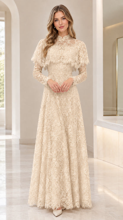 Front view of woman wearing champagne beige floral lace maxi gown