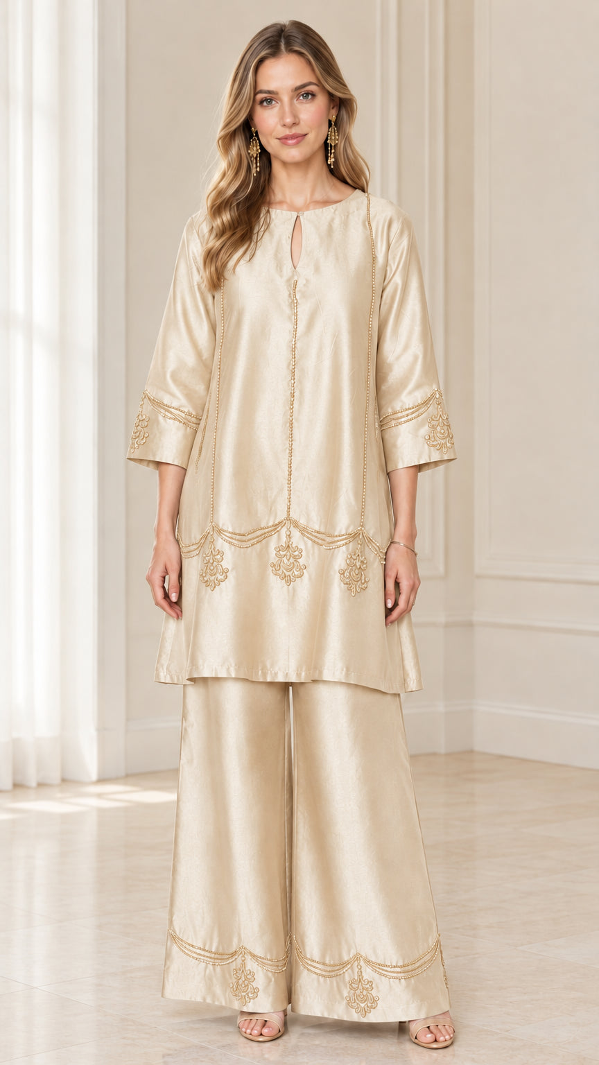 Model wearing champagne gold embroidered two-piece tunic top and wide-leg pants set
