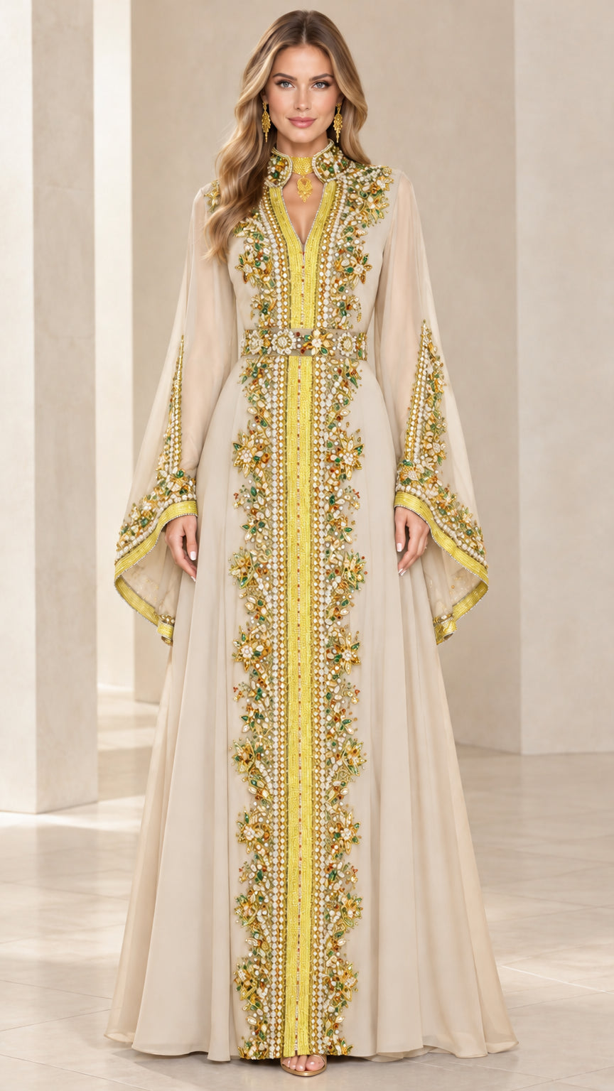 Champagne beige embroidered bell sleeve caftan maxi evening dress