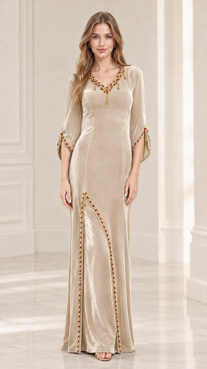 Model wearing Champagne Gold Embellished Velvet Maxi Dress front view