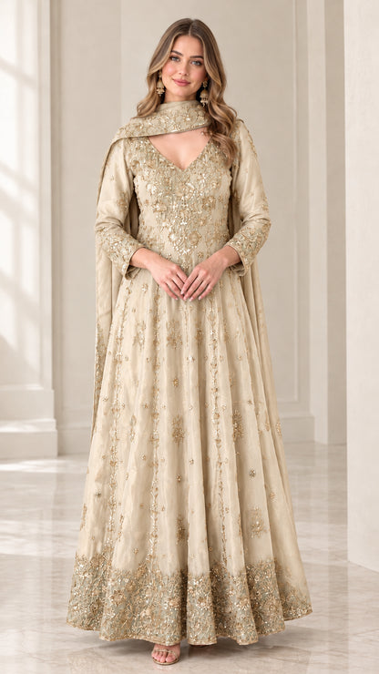 Front view of woman wearing champagne beige embroidered Anarkali gown with dupatta
