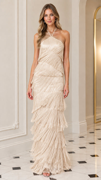 Model wearing Champagne beige tiered fringe formal maxi dress